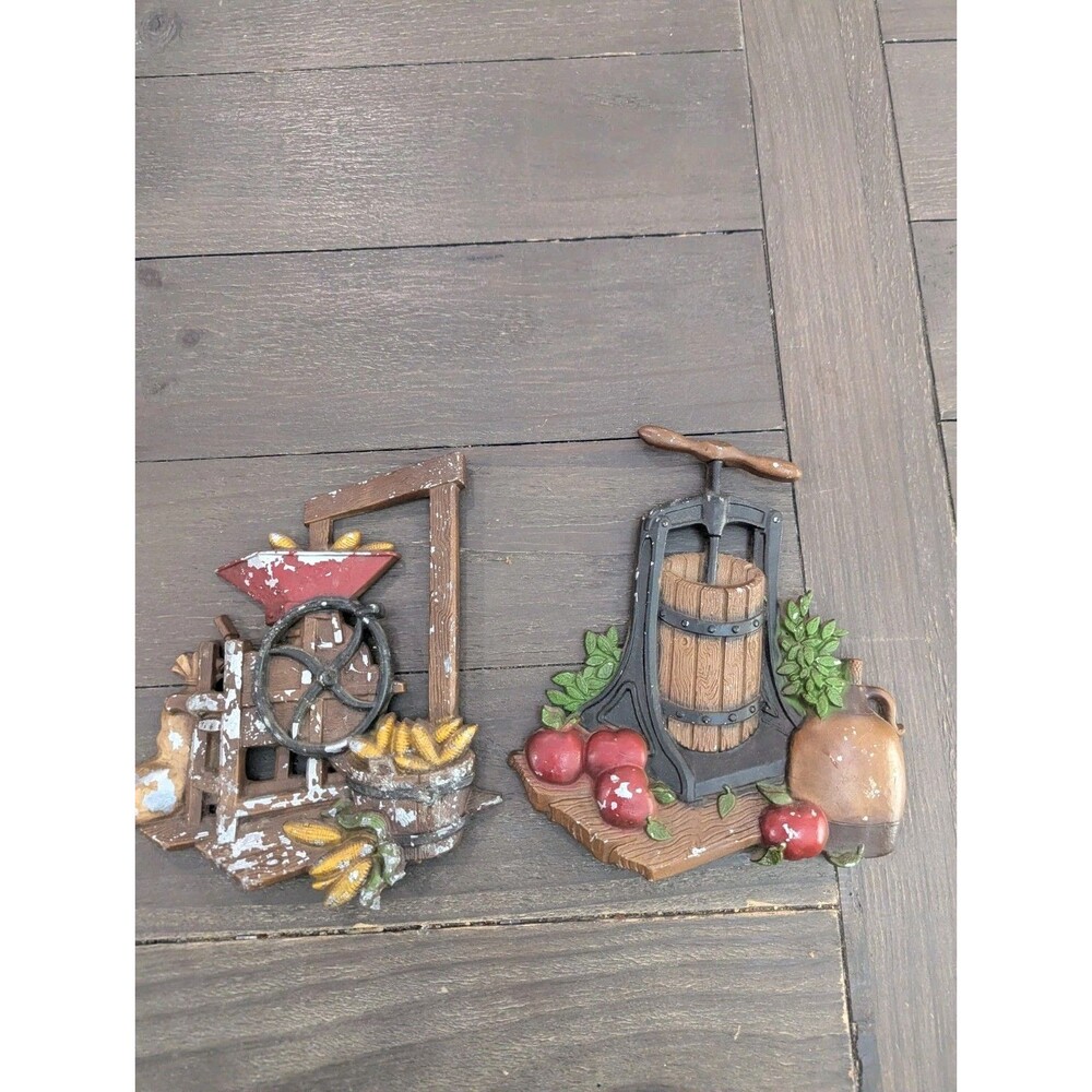 Vintage Homco 1978 Cast Metal Kitchen Wall Decor Hanging Apple Press Corn Mill